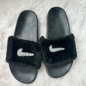 Nike Black Faux Fur Slides with Crystal Swoosh